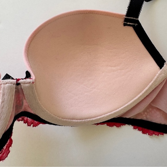 Victoria's Secret Bra Dream Angels Lined Demi Pink Red Lace Black Straps Bow 34C - Picture 8 of 13
